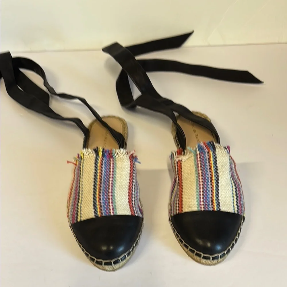 Loeffler Randall‎ Striped Black Ribbon Ankle Espadrilles